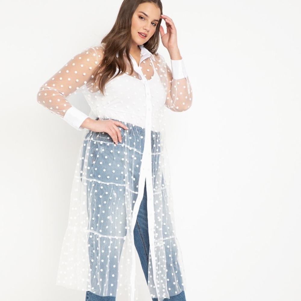 ELOQUII Plus Size Sheer Polka Dot Maxi Button Up